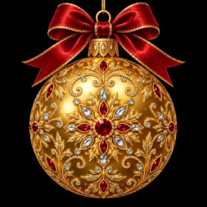 Diamond painting ontwerp: grote gouden kerstbal met ornamentpatroon, rode en ijsblauwe stenen en een dieprode strik, op zwart