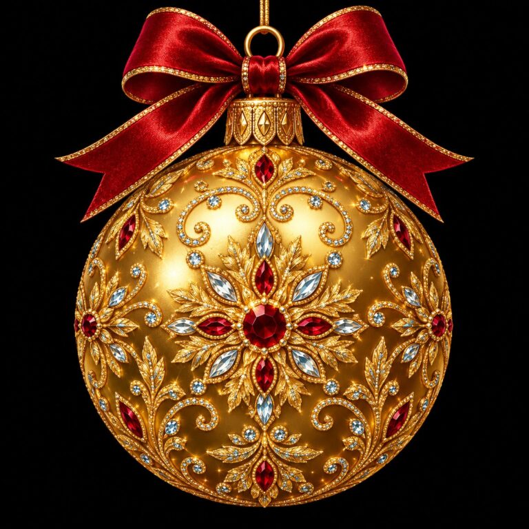 Diamond painting ontwerp: grote gouden kerstbal met ornamentpatroon, rode en ijsblauwe stenen en een dieprode strik, op zwart