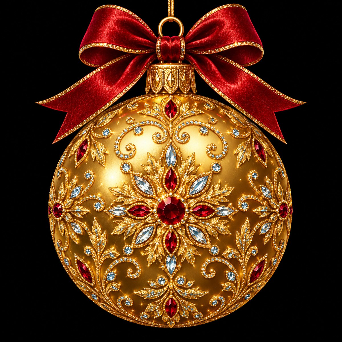 Diamond painting ontwerp: grote gouden kerstbal met ornamentpatroon, rode en ijsblauwe stenen en een dieprode strik, op zwart
