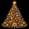 Diamond painting ontwerp: kerstboom opgebouwd uit gouden krullen, ballen en sterretjes met een stralende ster in de top, op zwart
