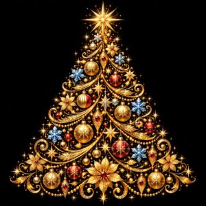 Diamond painting ontwerp: kerstboom opgebouwd uit gouden krullen, ballen en sterretjes met een stralende ster in de top, op zwart