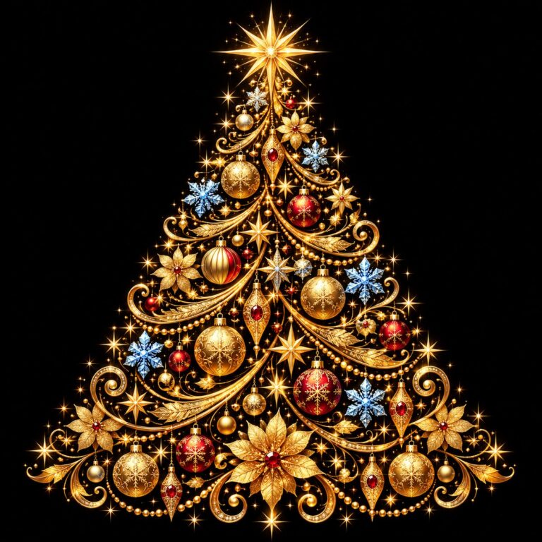 Diamond painting ontwerp: kerstboom opgebouwd uit gouden krullen, ballen en sterretjes met een stralende ster in de top, op zwart