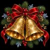 Diamond painting ontwerp: twee gouden kerstklokken met een dieprode strik, dennentakken, dennenappels en besjes op zwart