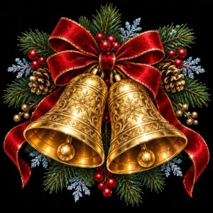 Diamond painting ontwerp: twee gouden kerstklokken met een dieprode strik, dennentakken, dennenappels en besjes op zwart