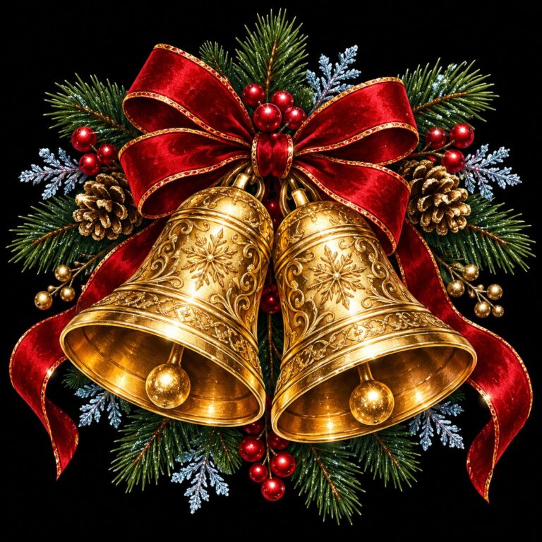 Diamond painting ontwerp: twee gouden kerstklokken met een dieprode strik, dennentakken, dennenappels en besjes op zwart