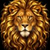 Diamond painting ontwerp: leeuwenkop van voren met manen van gouden lokken op een zwarte achtergrond