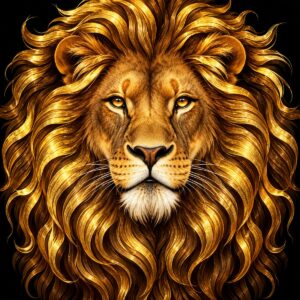 Diamond painting ontwerp: leeuwenkop van voren met manen van gouden lokken op een zwarte achtergrond
