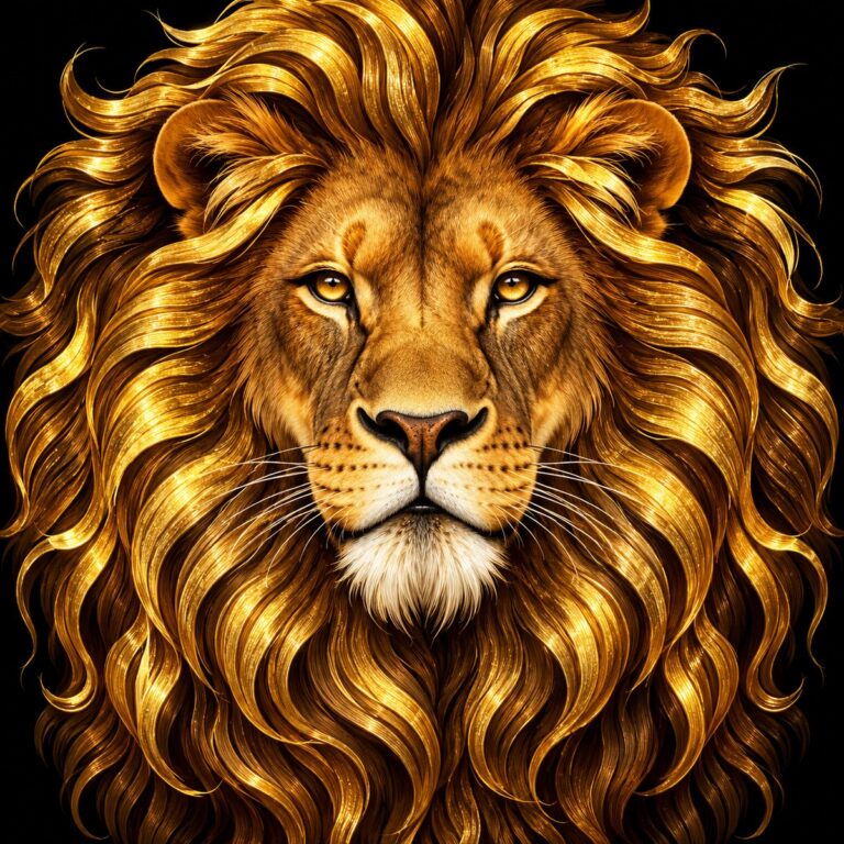 Diamond painting ontwerp: leeuwenkop van voren met manen van gouden lokken op een zwarte achtergrond