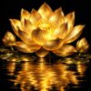 Diamond painting ontwerp: open gouden lotusbloem met twee knoppen en blaadjes op donker water, met een gouden weerspiegeling