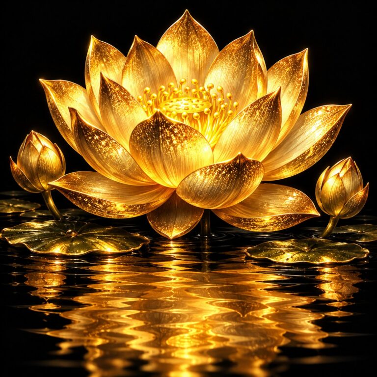 Diamond painting ontwerp: open gouden lotusbloem met twee knoppen en blaadjes op donker water, met een gouden weerspiegeling