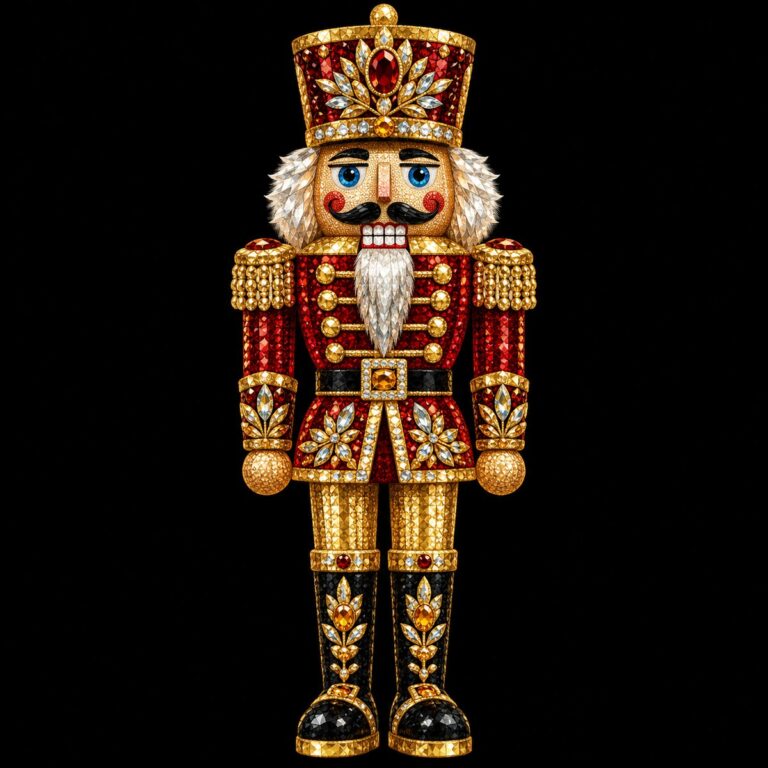 Diamond painting ontwerp: notenkraker-soldaat in goud met dieprode jas, witte baard en hoge muts, rechtop op zwart
