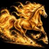 Diamond painting ontwerp: gouden paard in galop naar rechts met vurige manen en staart en opwaaiend goudstof onder de hoeven