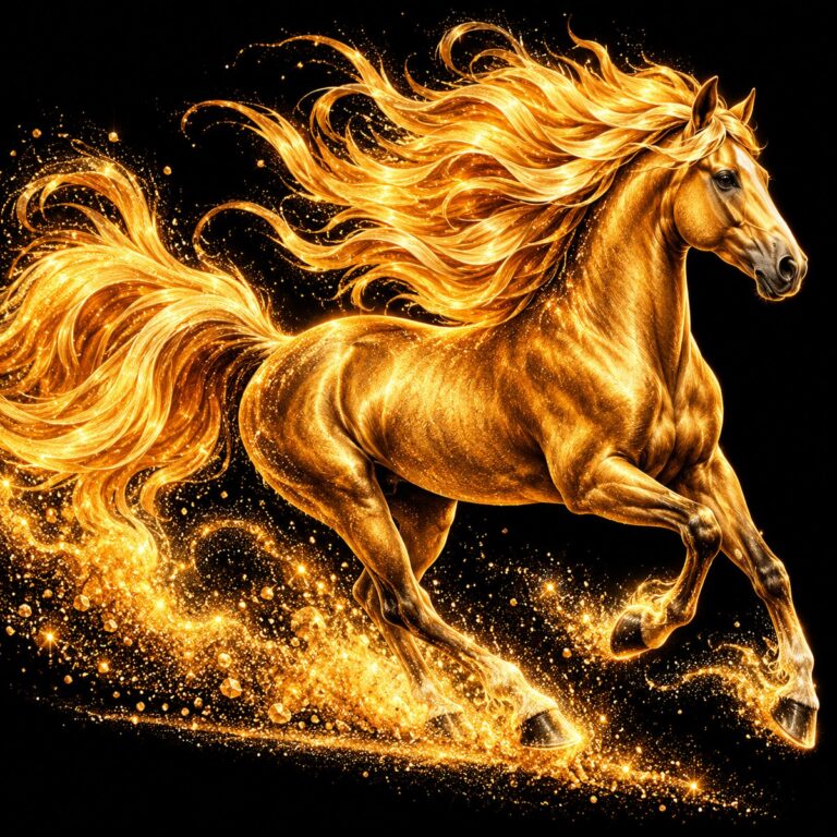 Diamond painting ontwerp: gouden paard in galop naar rechts met vurige manen en staart en opwaaiend goudstof onder de hoeven