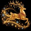 Diamond painting ontwerp: gouden rendier in sprong met een rood tuig en een sliert van gouden sterrenstof op zwart