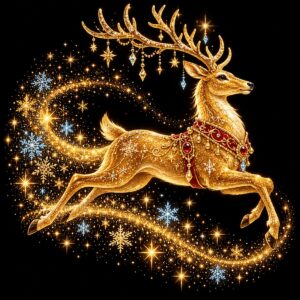 Diamond painting ontwerp: gouden rendier in sprong met een rood tuig en een sliert van gouden sterrenstof op zwart