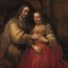 Het Joodse bruidje van Rembrandt: een man legt zijn hand op de borst van een vrouw in een rode jurk, hij in een goudgele mantel