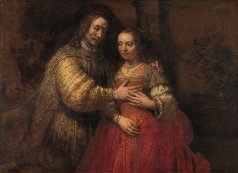 Het Joodse bruidje van Rembrandt: een man legt zijn hand op de borst van een vrouw in een rode jurk, hij in een goudgele mantel