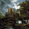 Het Joodse kerkhof van Jacob van Ruisdael: witte grafmonumenten bij een ruïne in een bos, onder een stormachtige lucht met een regenboog