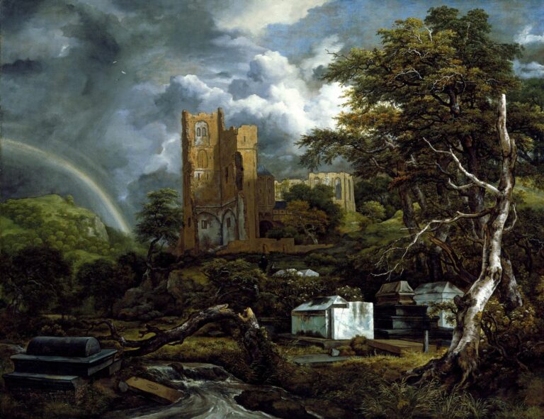 Het Joodse kerkhof van Jacob van Ruisdael: witte grafmonumenten bij een ruïne in een bos, onder een stormachtige lucht met een regenboog