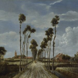 Het laantje van Middelharnis van Meindert Hobbema: een recht pad tussen hoge dunne bomen naar het dorp met zijn kerktoren