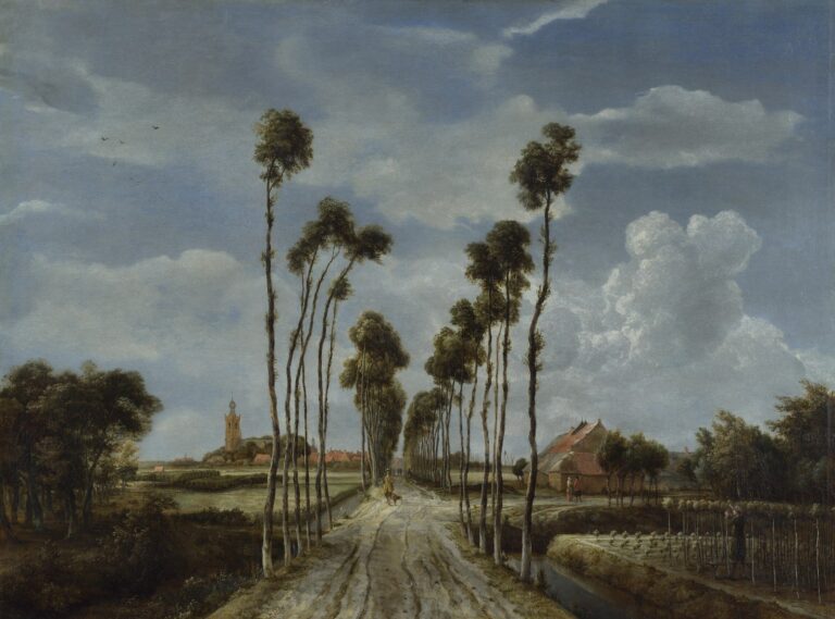 Het laantje van Middelharnis van Meindert Hobbema: een recht pad tussen hoge dunne bomen naar het dorp met zijn kerktoren