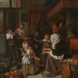 Het Sint-Nicolaasfeest van Jan Steen: pakjesavond in een gezin, met een meisje met een pop en een emmertje, een huilende jongen en een wenkende oma
