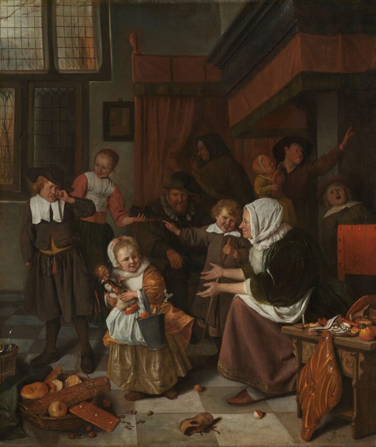 Het Sint-Nicolaasfeest van Jan Steen: pakjesavond in een gezin, met een meisje met een pop en een emmertje, een huilende jongen en een wenkende oma