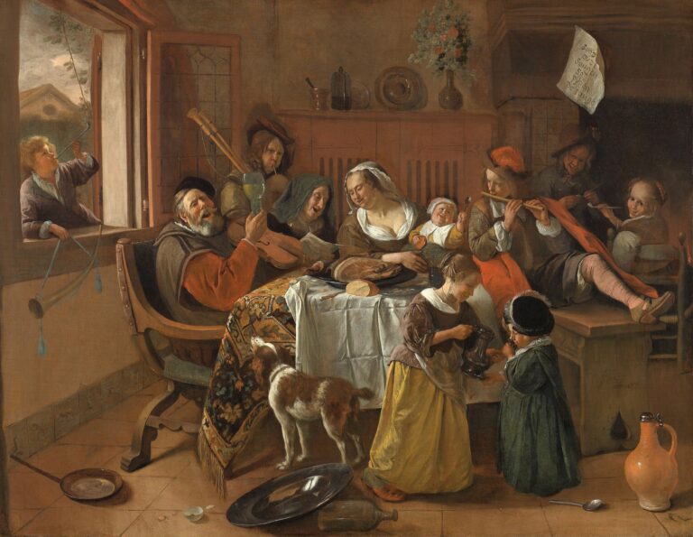 Het vrolijke huisgezin van Jan Steen: een familie aan tafel die zingt, drinkt en muziek maakt, met de kinderen erbij