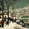 Jagers in de sneeuw van Pieter Bruegel de Oude: jagers met honden boven een dal met bevroren vijvers vol schaatsers