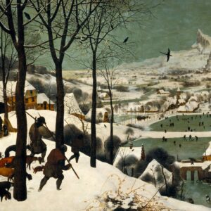 Jagers in de sneeuw van Pieter Bruegel de Oude: jagers met honden boven een dal met bevroren vijvers vol schaatsers