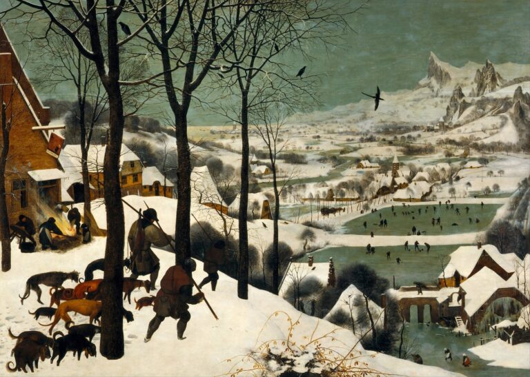 Jagers in de sneeuw van Pieter Bruegel de Oude: jagers met honden boven een dal met bevroren vijvers vol schaatsers