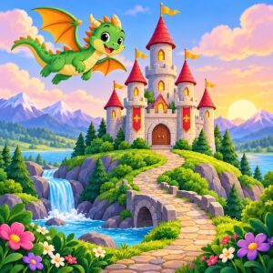 Diamond painting ontwerp: sprookjeskasteel met rode torens op een heuvel, een klein groen draakje in de lucht en een waterval
