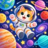 Diamond painting ontwerp: rood-witte kat in een astronautenpak die zweeft tussen kleurrijke planeten en sterren