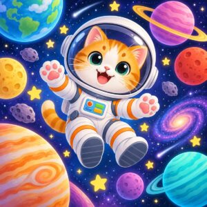 Diamond painting ontwerp: rood-witte kat in een astronautenpak die zweeft tussen kleurrijke planeten en sterren