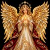 Diamond painting ontwerp: kerstengel met grote gouden vleugels, lange haren en een rood-gouden mantel die een ster vasthoudt, op zwart