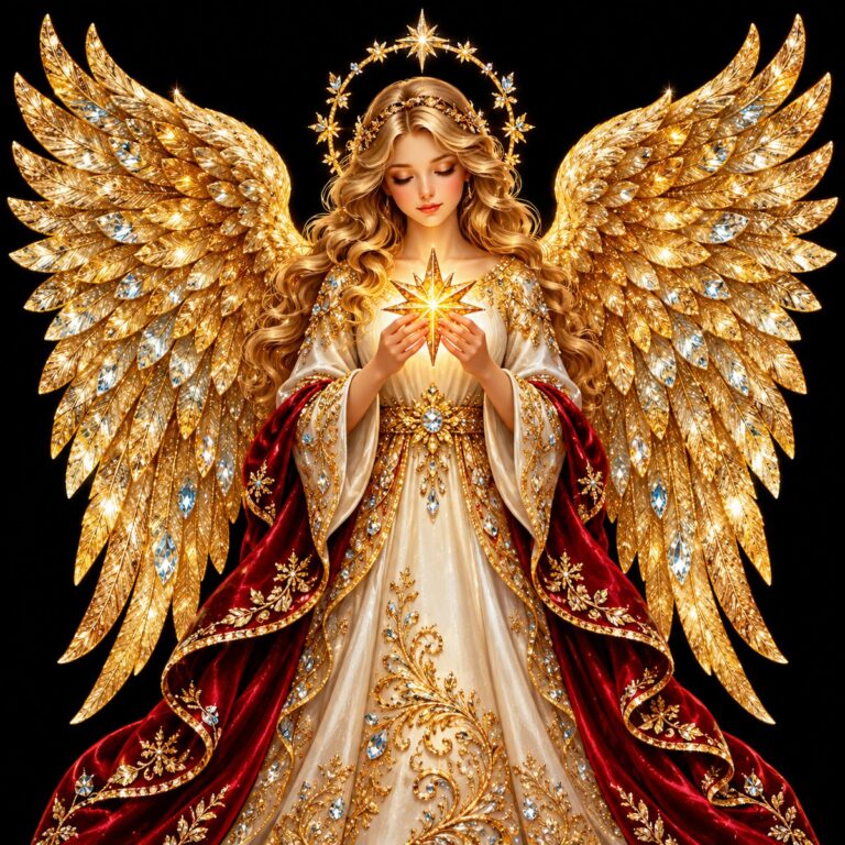 Diamond painting ontwerp: kerstengel met grote gouden vleugels, lange haren en een rood-gouden mantel die een ster vasthoudt, op zwart