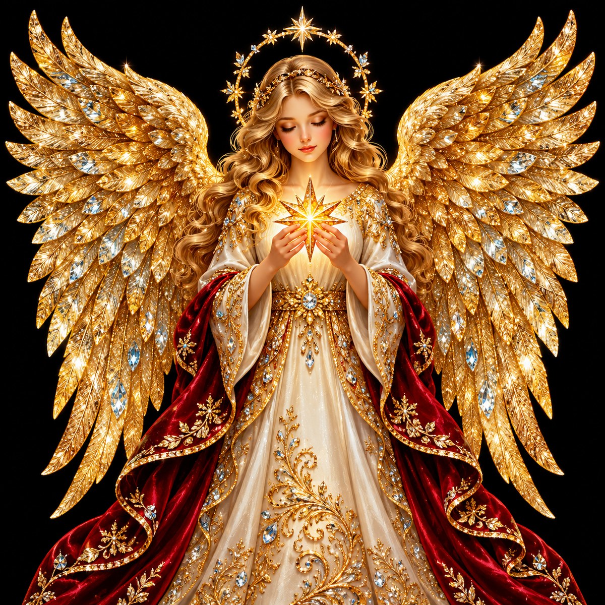 Diamond painting ontwerp: kerstengel met grote gouden vleugels, lange haren en een rood-gouden mantel die een ster vasthoudt, op zwart