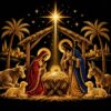 Diamond painting ontwerp: kerststal in goud met Maria, Jozef en het kind in de kribbe, os, ezel en schapen onder een stralende ster, op zwart