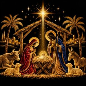 Diamond painting ontwerp: kerststal in goud met Maria, Jozef en het kind in de kribbe, os, ezel en schapen onder een stralende ster, op zwart