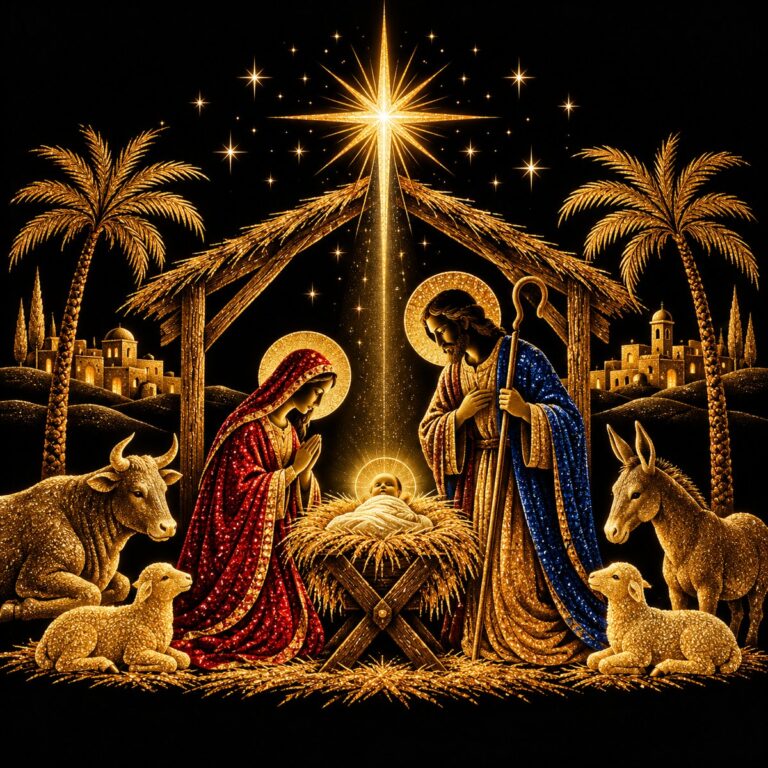 Diamond painting ontwerp: kerststal in goud met Maria, Jozef en het kind in de kribbe, os, ezel en schapen onder een stralende ster, op zwart