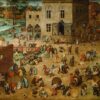 Kinderspelen van Pieter Bruegel de Oude: een plein vol kinderen die hoepelen, haasje-over doen en tientallen andere spelletjes spelen