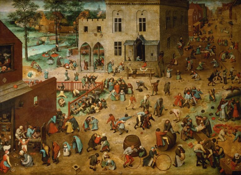 Kinderspelen van Pieter Bruegel de Oude: een plein vol kinderen die hoepelen, haasje-over doen en tientallen andere spelletjes spelen