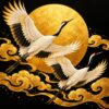 Diamond painting ontwerp: twee witte kraanvogels met zwarte vleugelpunten en rode kruin vliegen voor een grote gouden zon boven gouden wolken