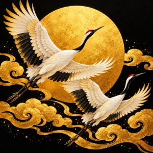 Diamond painting ontwerp: twee witte kraanvogels met zwarte vleugelpunten en rode kruin vliegen voor een grote gouden zon boven gouden wolken