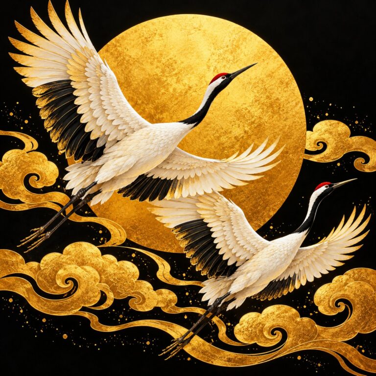 Diamond painting ontwerp: twee witte kraanvogels met zwarte vleugelpunten en rode kruin vliegen voor een grote gouden zon boven gouden wolken