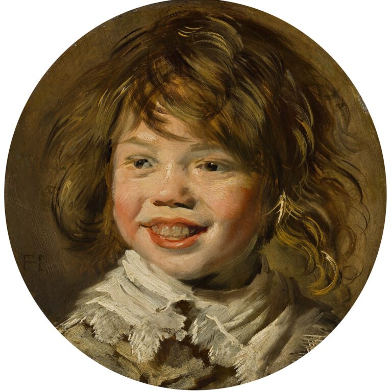 Lachende jongen van Frans Hals: een rond schilderij van een jongen met warrig rossig haar die breed lacht