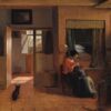 Moedertaak van Pieter de Hooch: een moeder reinigt het haar van haar kind naast een bedstee, met een doorkijk naar een zonnige gang