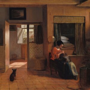 Moedertaak van Pieter de Hooch: een moeder reinigt het haar van haar kind naast een bedstee, met een doorkijk naar een zonnige gang