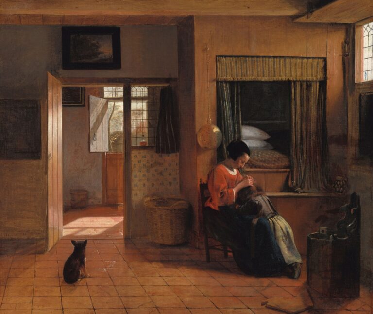 Moedertaak van Pieter de Hooch: een moeder reinigt het haar van haar kind naast een bedstee, met een doorkijk naar een zonnige gang