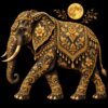 Diamond painting ontwerp: olifant van opzij met gouden sierkleed, ranken en amberkleurige edelsteentjes, met een gouden volle maan